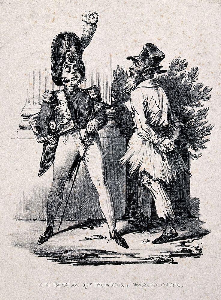 A man in soldier's uniform is walking past an old man in tattered clothing. Lithograph.