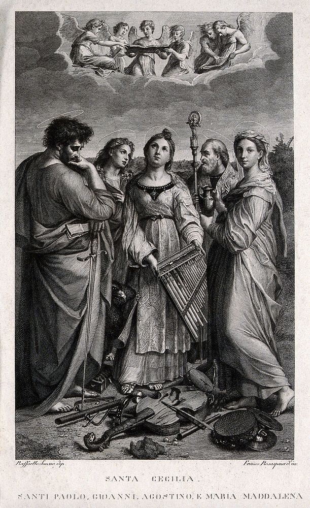 Saint Cecilia with Saint Paul the Apostle, Saint John the Evangelist, a bishop and Saint Mary Magdalene. Engraving by F.…