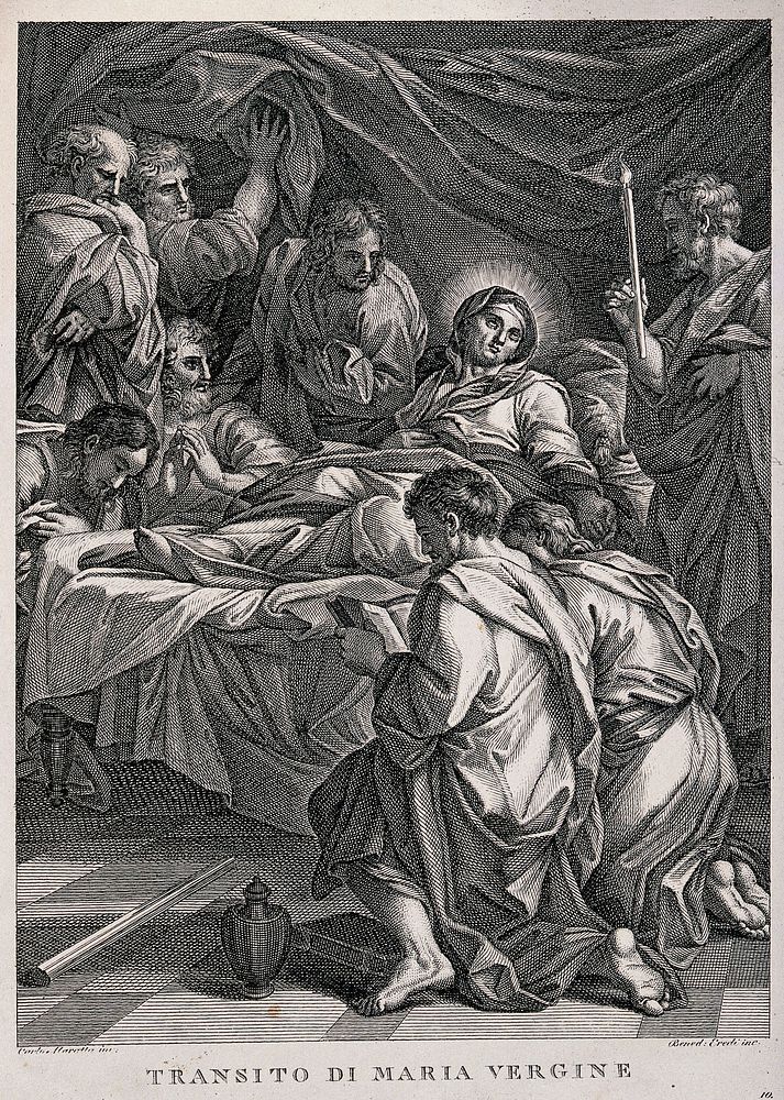 The Dormition of the Virgin Mary, surrounded by the apostles. Engraving by B. Eredi after C. Maratta.