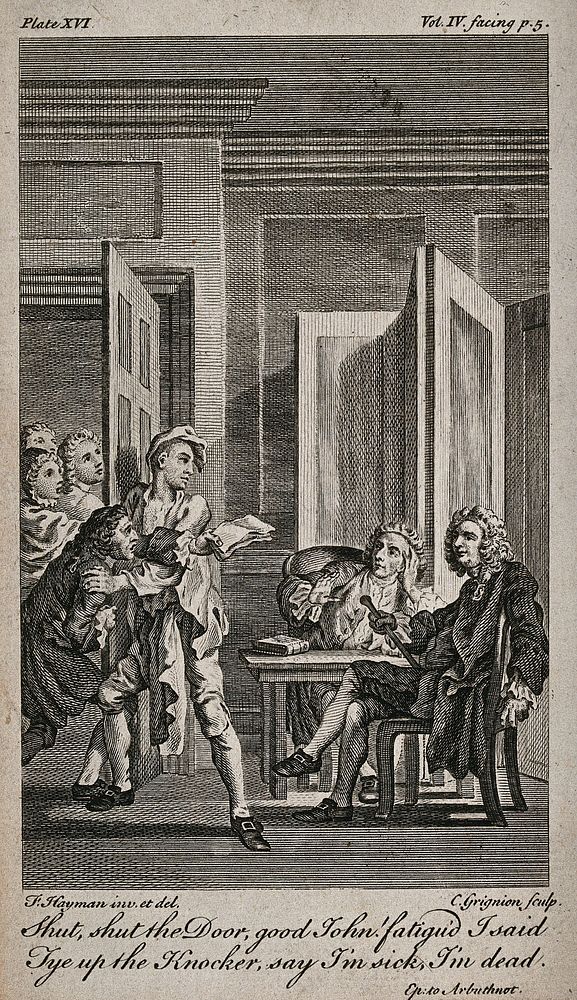 A servant preventing a messenger from delivering some letters to two weary men seated at a table (Alexander Pope and John…
