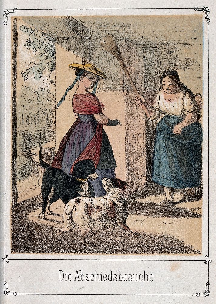 Two dogs greeting each other enthusiastically with the effect that the kitchenmaid attempts to separate them with a broom.…