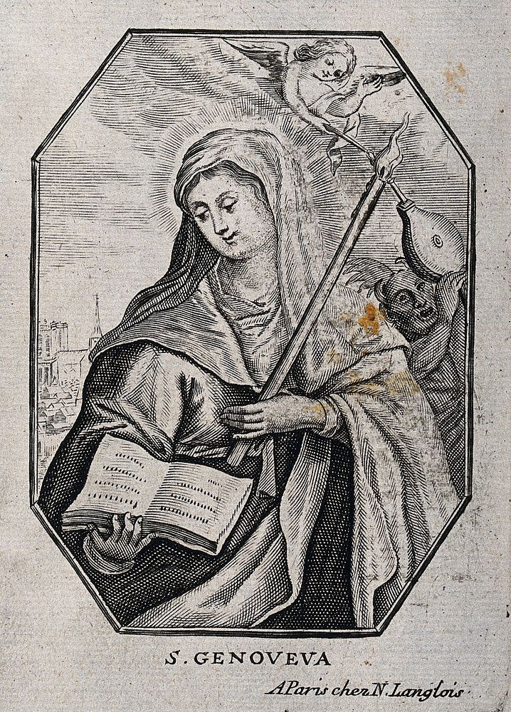 Saint Geneviève is holding the Bible and a torch which an angel lights with a candle but a devil tries to extinguish with…
