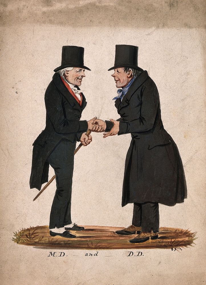 A physician and a divine shaking hands on meeting. Watercolour, 1830/1850.