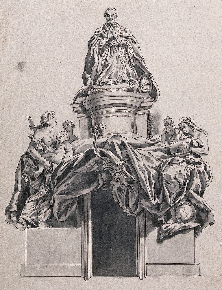 The tomb of Pope Alexander VII in St Peter's Basilica, Rome. Pen and ink drawing after G.L. Bernini.