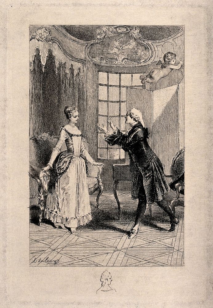 A young man walks towards a young woman holding out his hands imploringly. Etching by Lalu.