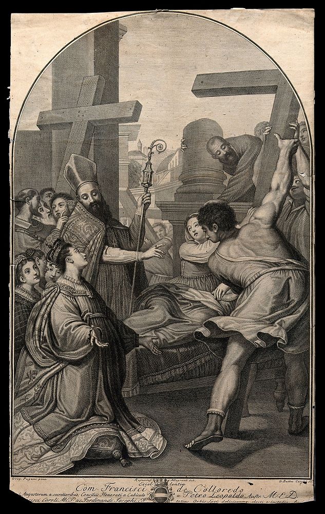 Saint Helena: the cross on which Christ was crucified is raised before her. Engraving by G.B. Cecchi after R. Allegranti…