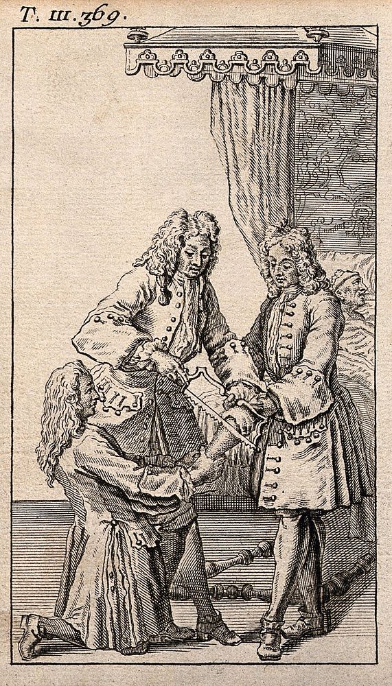 A surgeon amputating a patient's leg with a saw, he is being held in a particular position by two attendants. Engraving…