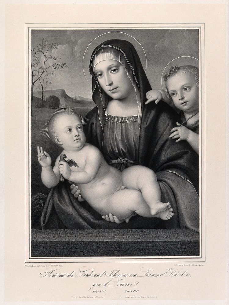 Saint Mary (the Blessed Virgin) with the Christ Child and Saint John the Baptist. Lithograph by F. Hanfstaengl after F.…