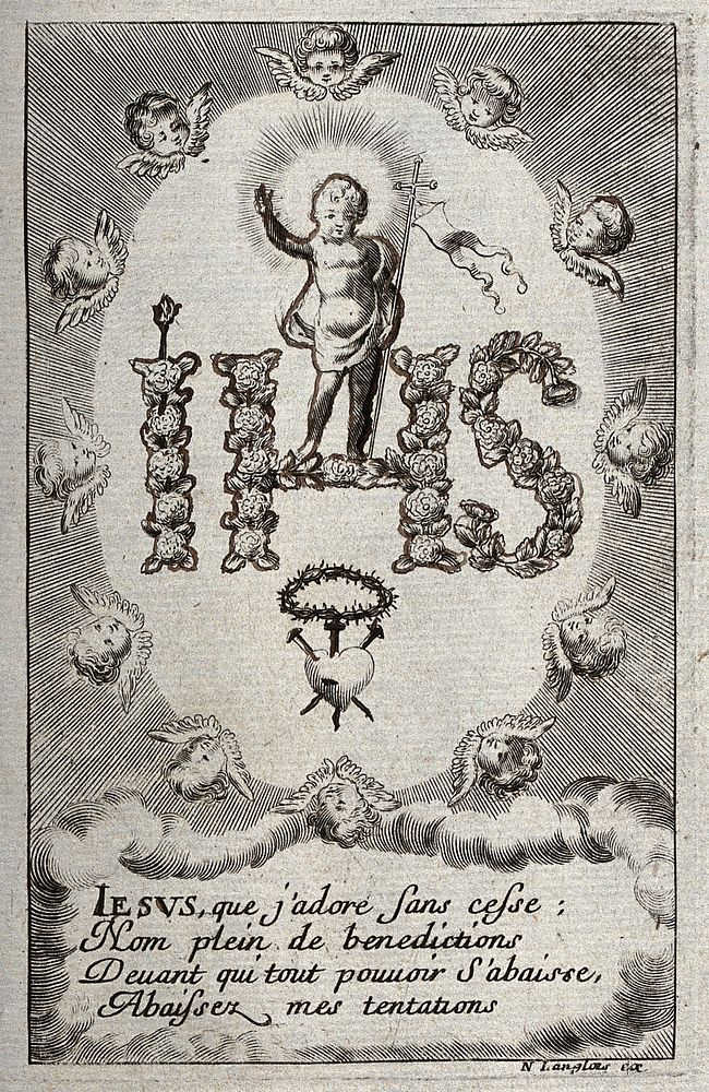 The triumphant Christ Child standing on the Jesuit monogram, above instruments of the Passion; surrounded by Cherubim.…