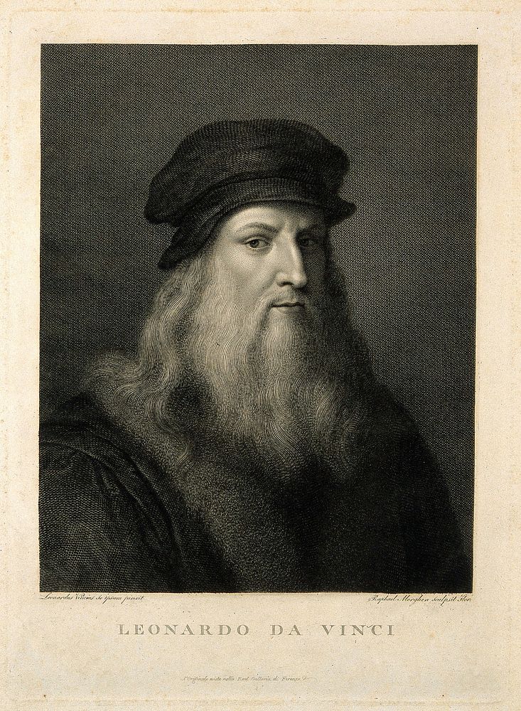 Leonardo da Vinci. Line engraving by R. Morghen after Leonardo da Vinci.