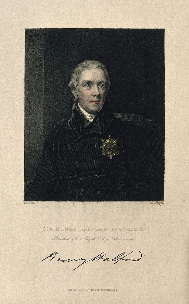 Sir Henry Halford. Coloured stipple engraving by J. Cochran after H. Room.