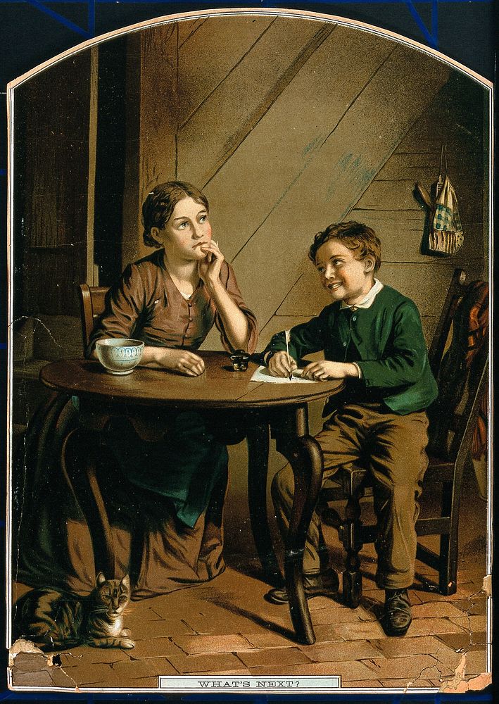 A young mother sits at the table with a small boy who is writing on a sheet of paper. Chromolithograph.