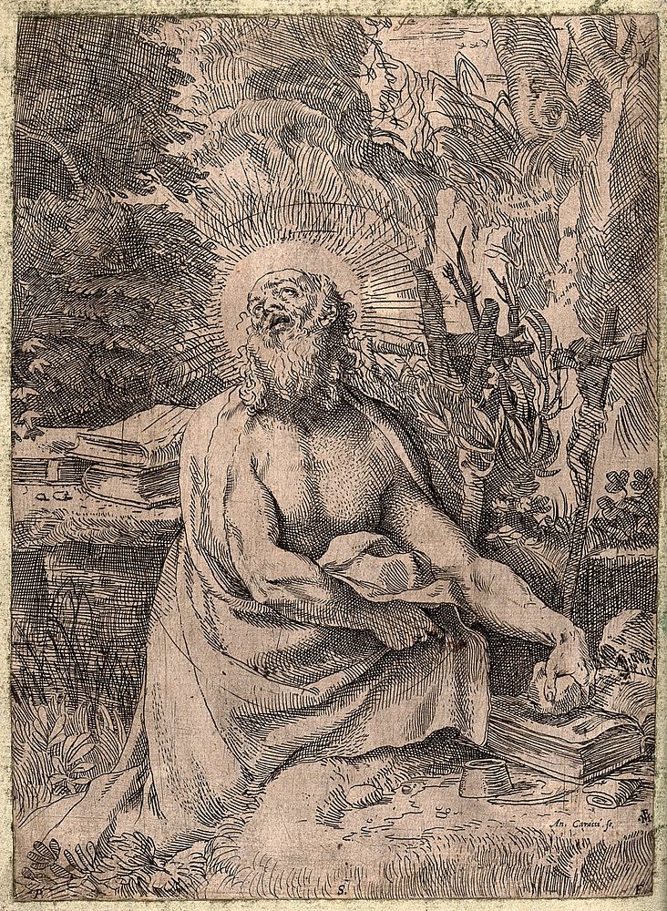Saint Jerome. Etching by Annibale Carracci, ca. 1591.