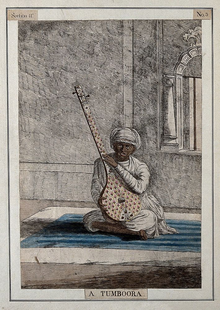 Musician with a tamboura, used for supplying a drone, Calcutta, West Bengal. Coloured etching by François Balthazar Solvyns…