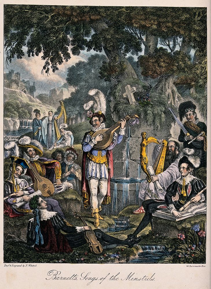A man stands by a fountain playing music for his companions, who are also holding musical instruments. Coloured aquatint  by…