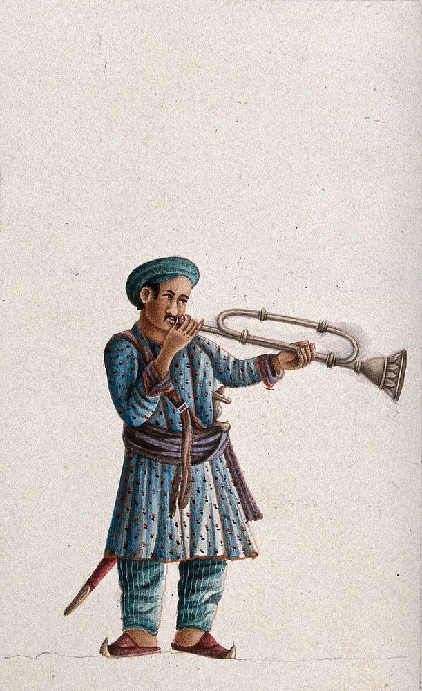 A musician playing an Indian bugle. Gouache painting by an Indian artist.