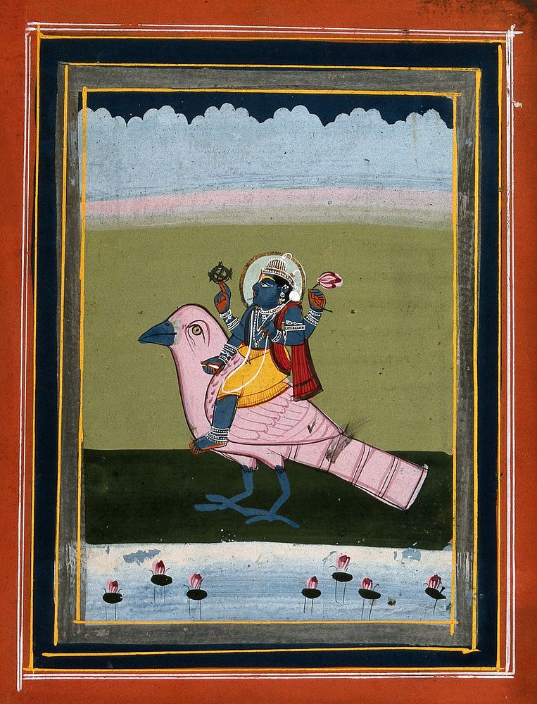 Vishnu on his transport, Garuda. Gouache drawing.