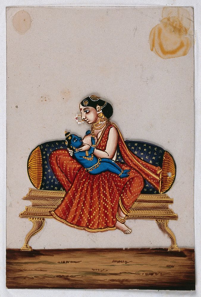 Lord Krishna as a baby drinking milk from his foster mother. Gouache painting on mica by an Indian artist.