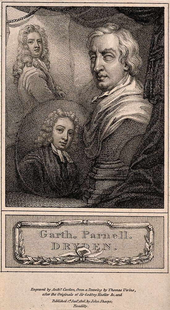 John Dryden, Samuel Garth, and Thomas Parnell. Engraving by A. Cardon after Sir G. Kneller, T. Uwins and P. Scheemakers .