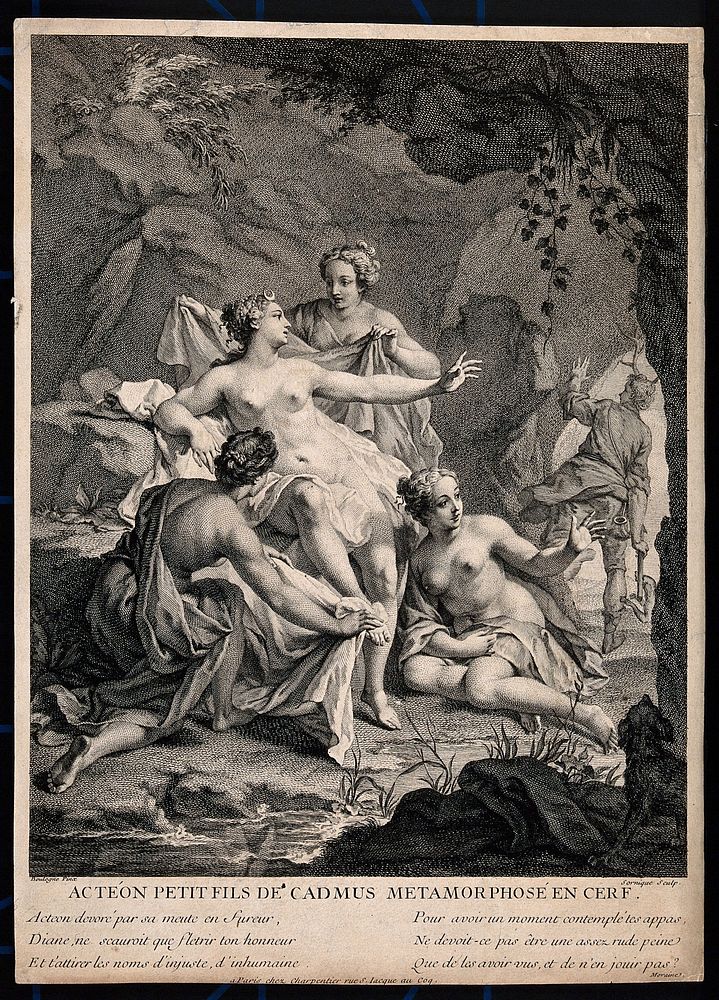 Diana [Artemis]: she changes Actaeon into a deer. Engraving by D. Sornique after B. Boullogne.