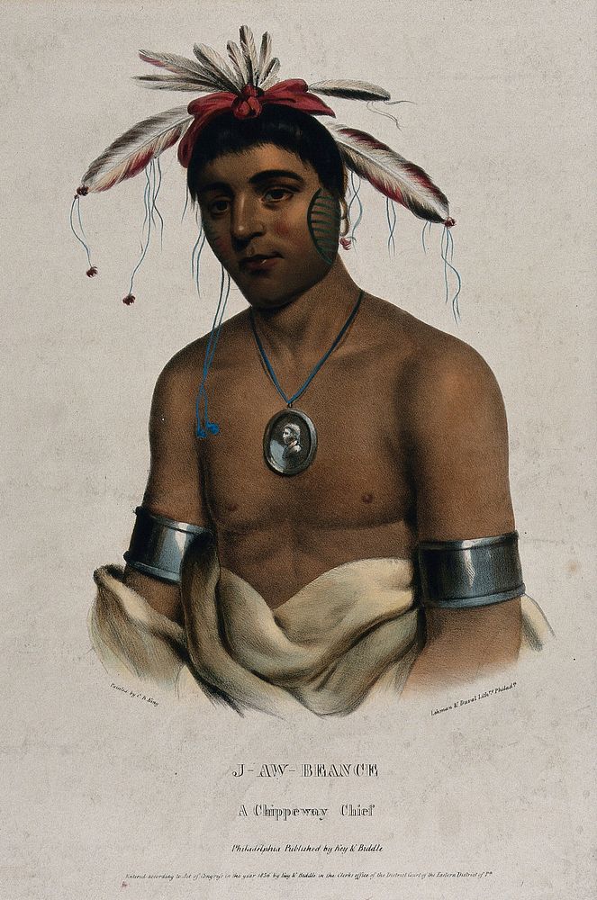 J-Aw-Beance , an Ojibwa chief, wearing a medallion. Coloured lithograph by Lehman & Duval after C.B. King, 1836.