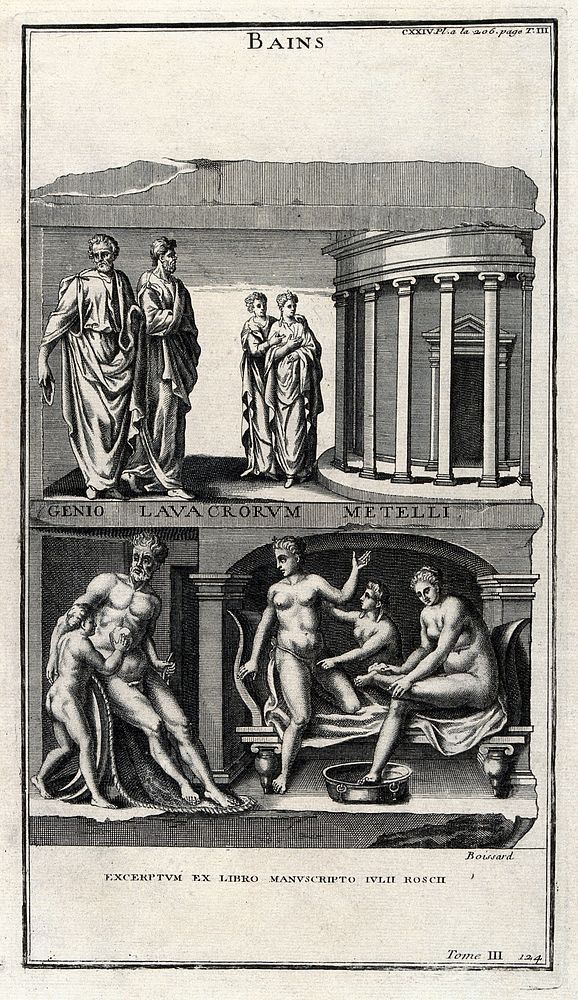 Men and women standing outside a public bath-house above; men and women inside a public bath being washed by attendants…