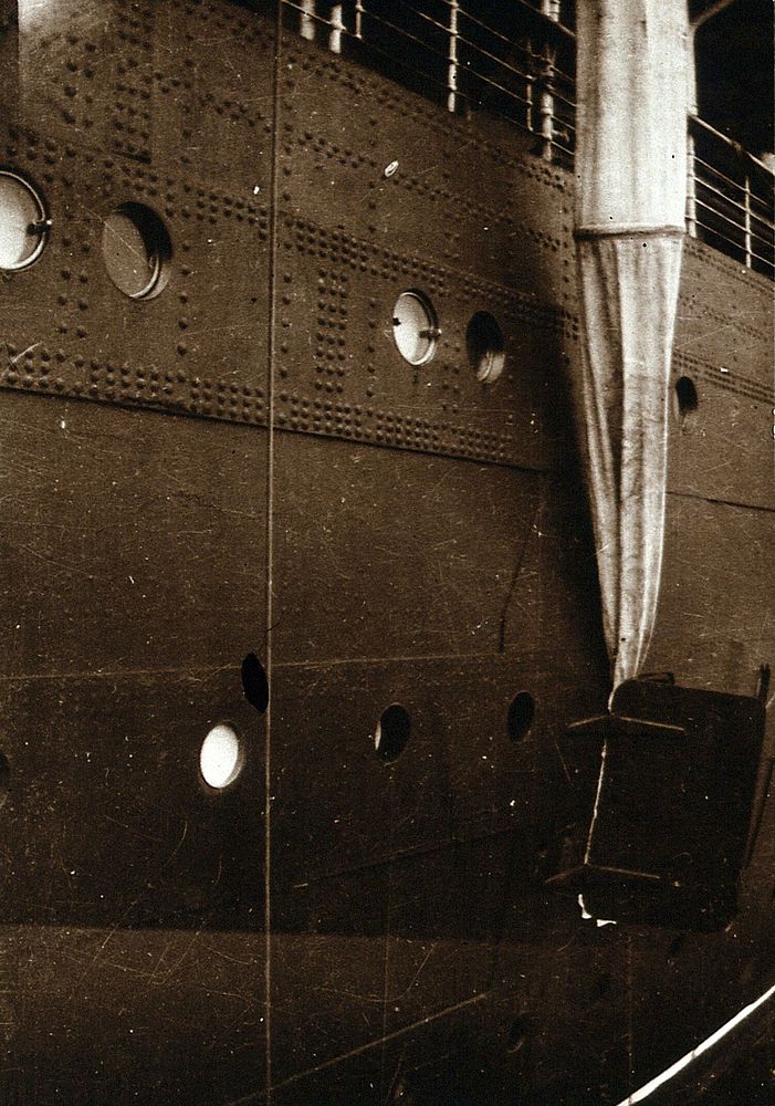 Ship fumigation using hydrogen cyanide: the outside of the ship showing portholes. Photograph by P. G. Stock, 1900/1920.