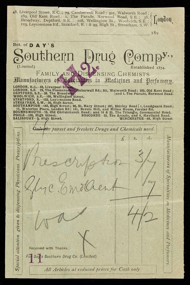 Bot. of Day's Southern Drug Compy., family dispensing chemists.