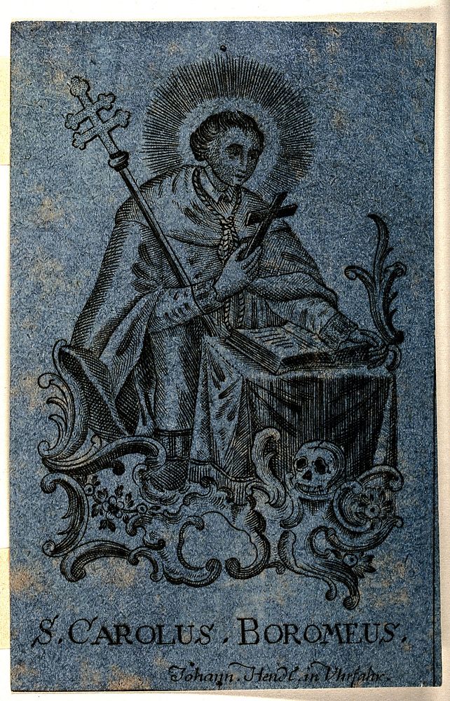 Saint Carlo Borromeo in prayer. Engraving.