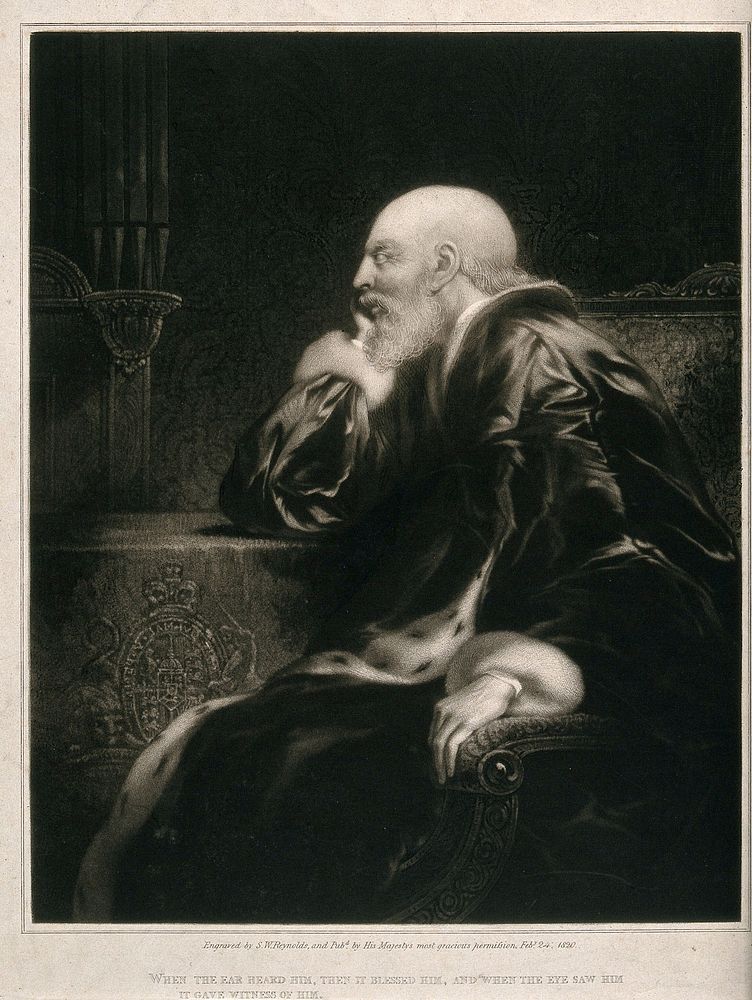 King George III in old age, seated in an armchair. Mezzotint by S.W. Reynolds, 1820.