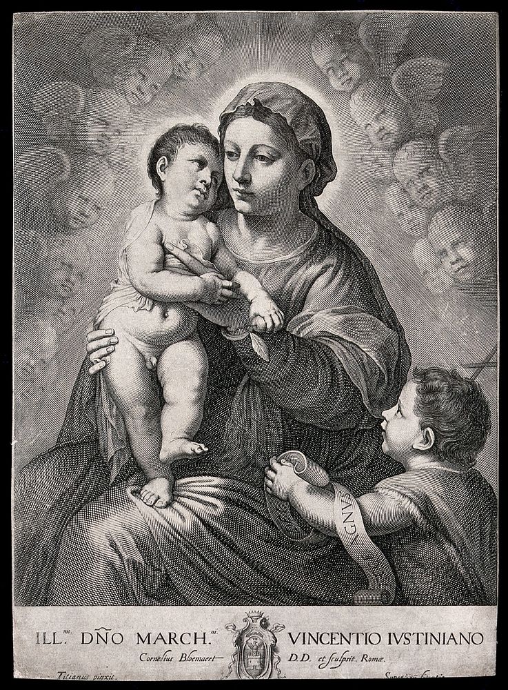 Saint Mary (the Blessed Virgin) with the Christ Child, Saint John the Baptist and angels. Engraving by C. Bloemaert after…