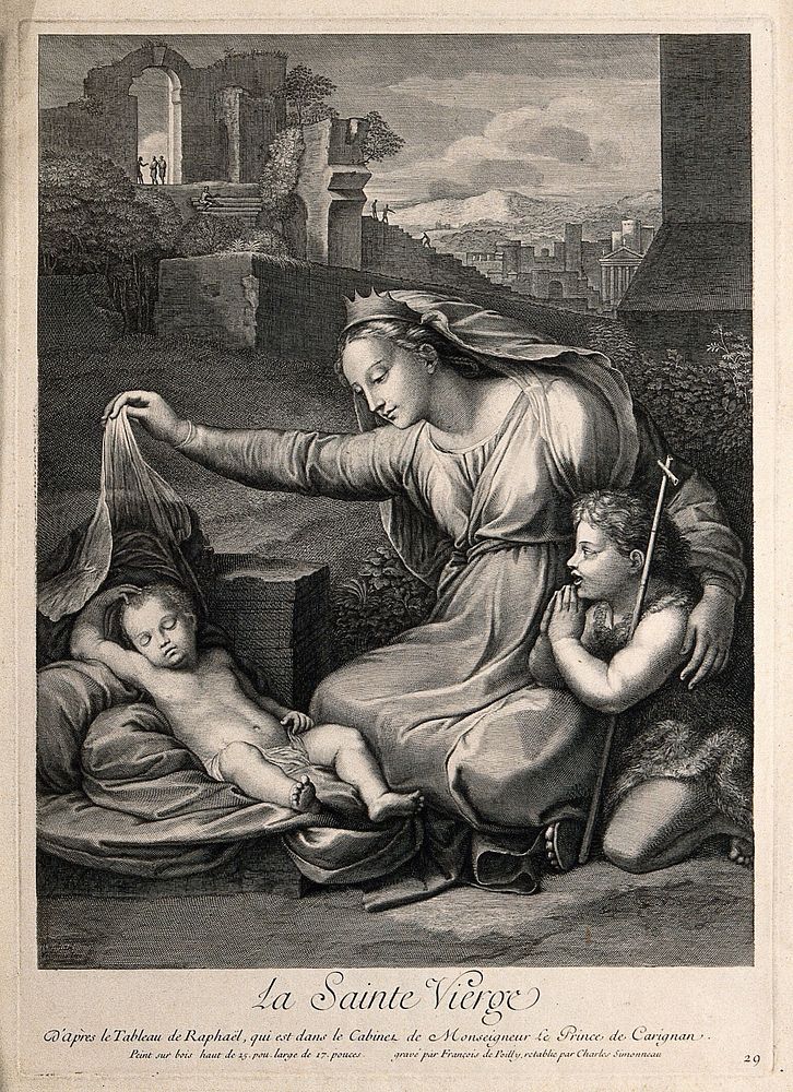Saint Mary (the Blessed Virgin) with the Christ Child and Saint John the Baptist. Engraving by F. de Poilly and C.L.…
