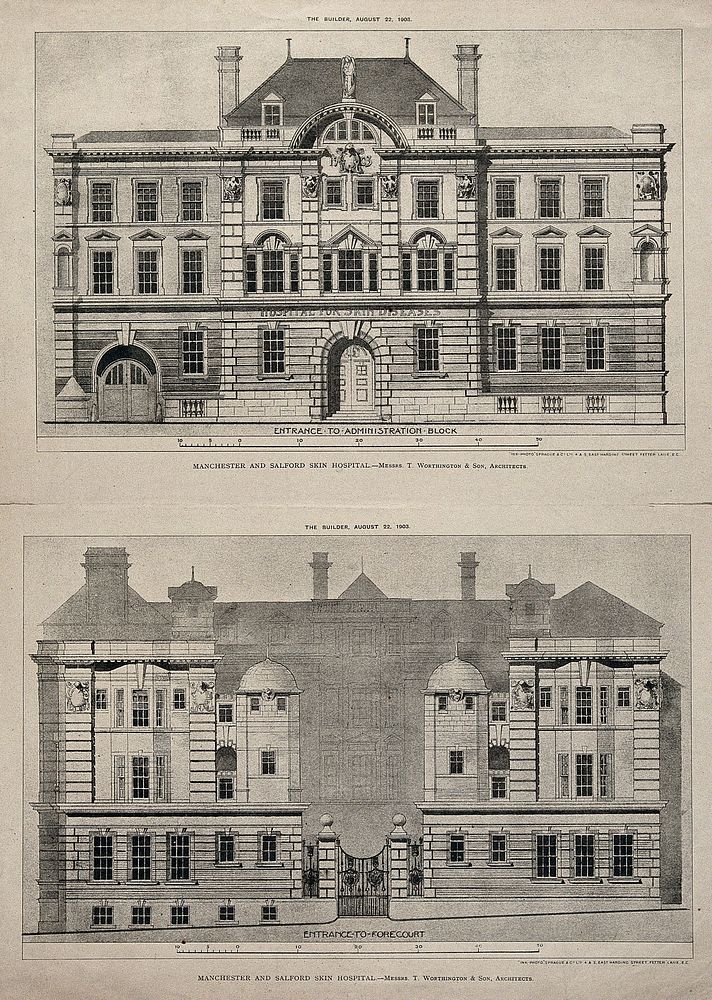 Manchester & Salford Hospital for Diseases of the Skin: facade of administration block. Photolithograph, 1903.