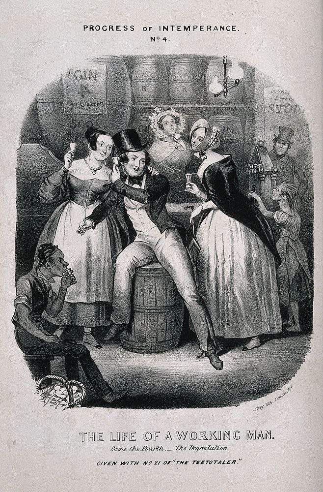 A drunken man surrounded by women in a dingy alehouse. Lithograph, c. 1840, after T. Wilson.