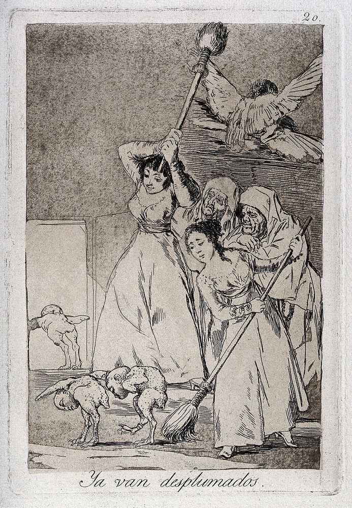 Two young women chasing and sweeping bird figures with mens' heads out of a door, encouraged by two old men in religious…