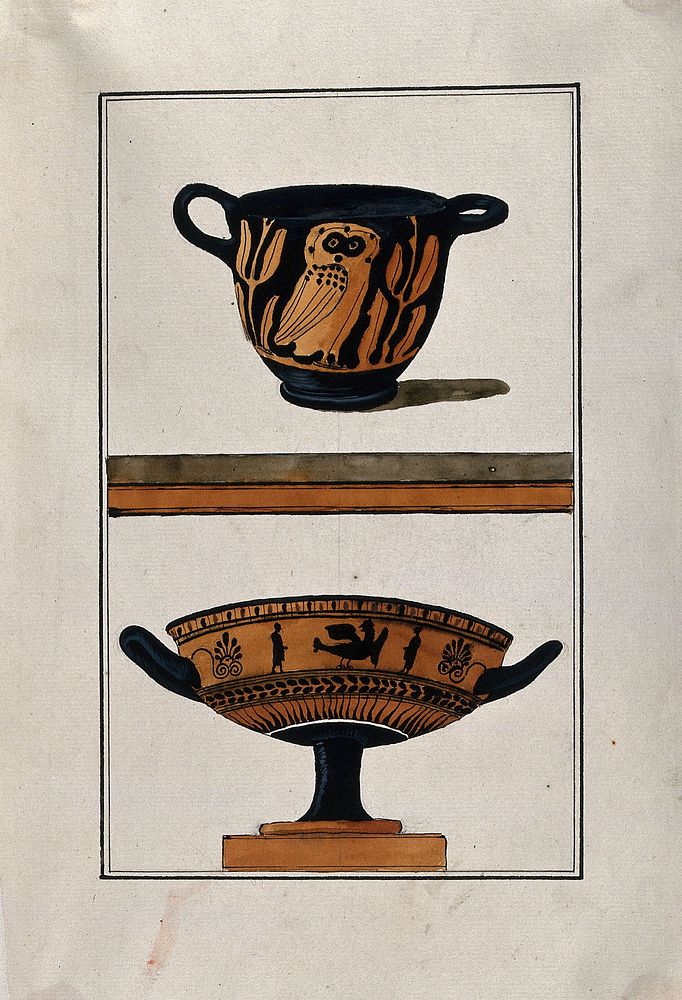 Above, black ground two-handled red-coloured Greek cup (kylix) decorated with an owl; below, black-figured Greek cup with…