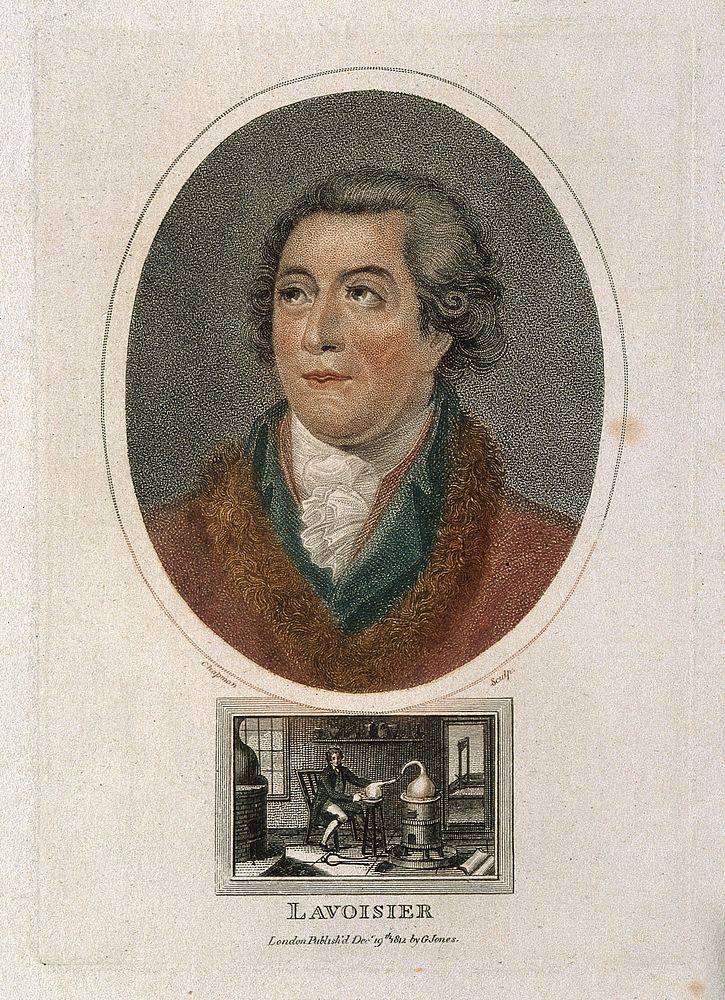 Antoine Laurent Lavoisier. Coloured stipple engraving by J. Chapman, 1812, after J. L. David.