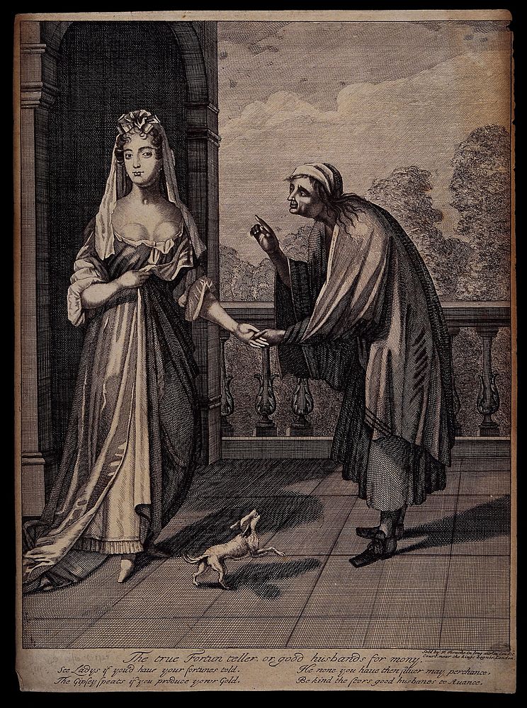 An old fortune-teller is looking at a young woman's palm. Engraving, 1670/1700.