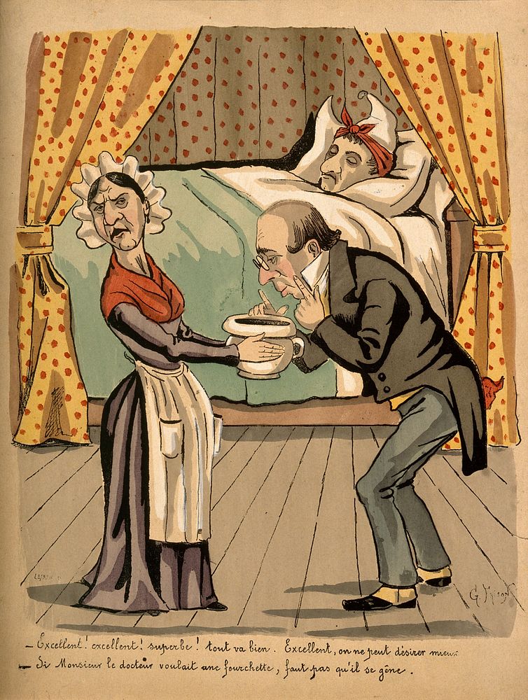 A physician examines a patient's stools; he is very pleased; the sarcastic maid asks him if he would like a fork. Coloured…