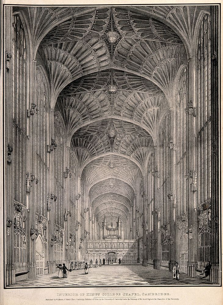 King's College Chapel, Cambridge: interior. Lithograph.
