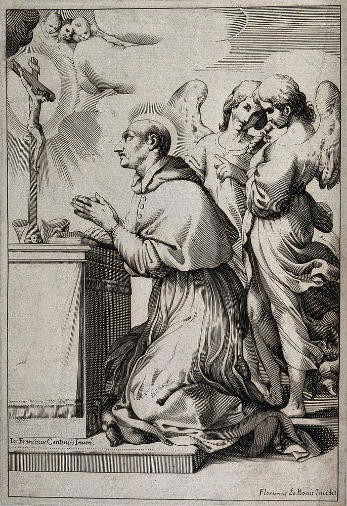 Saint Carlo Borromeo. Line engraving by F. del Bono after G.F. Barbieri, il Guercino.