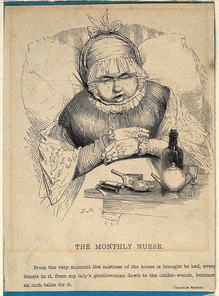A monthly nurse, who looks after a mother and a newborn baby for the first month after the birth. Wood engraving by Orrin…