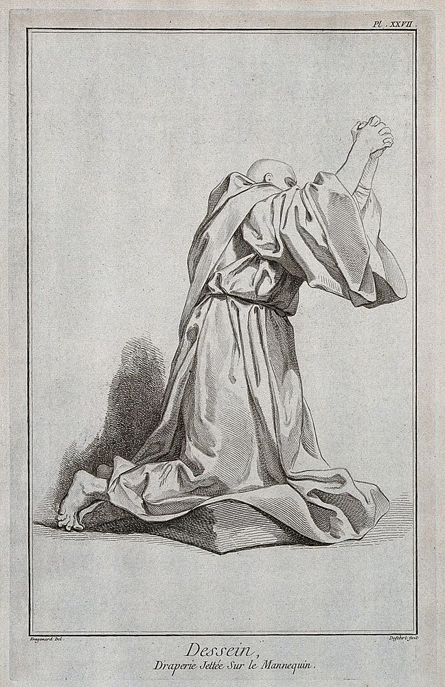 A kneeling figure in a monk's habit, with hands clasped in prayer. Engraving by Defehrt after J.H. Fragonard.