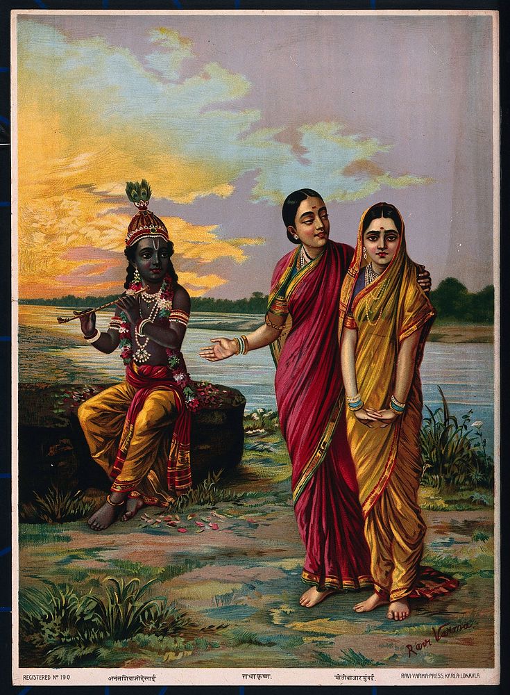 Krishna declaring his love for Radha via a confidante. Chromolithograph by R. Varma.
