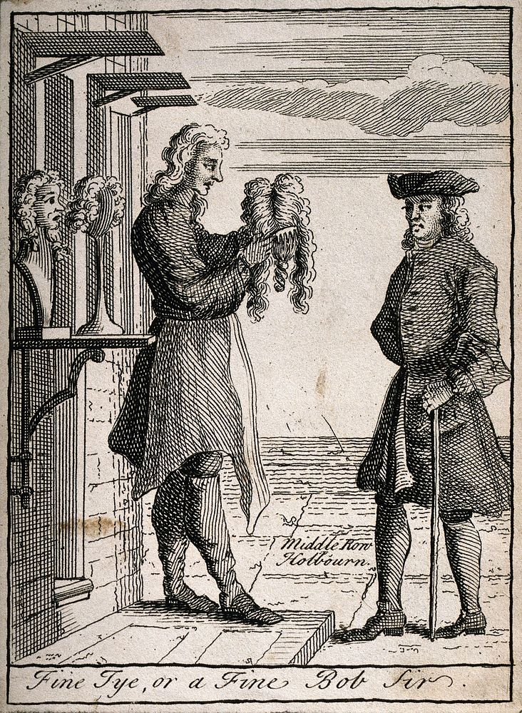 A wig seller selling his wares in Middle Row, Holborn. Etching.