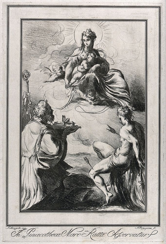 Saint Mary (the Blessed Virgin) with the Christ Child and angels, a bishop saint and Saint Sebastian. Soft-ground etching by…