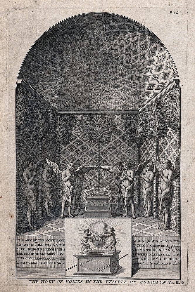 The ark of the covenant guarded by angels in the Temple of Solomon. Engraving.
