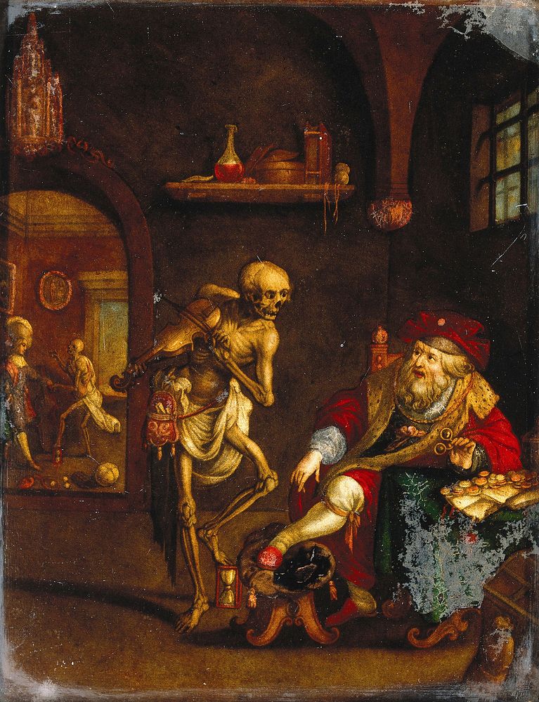 Death and the miser. Coloured mezzotint after Frans Francken.
