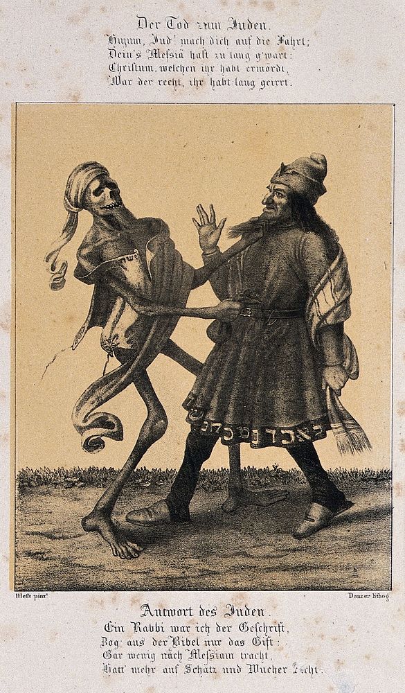 The dance of death at Basel: death and the Jew. Lithograph by G. Danzer after H. Hess.