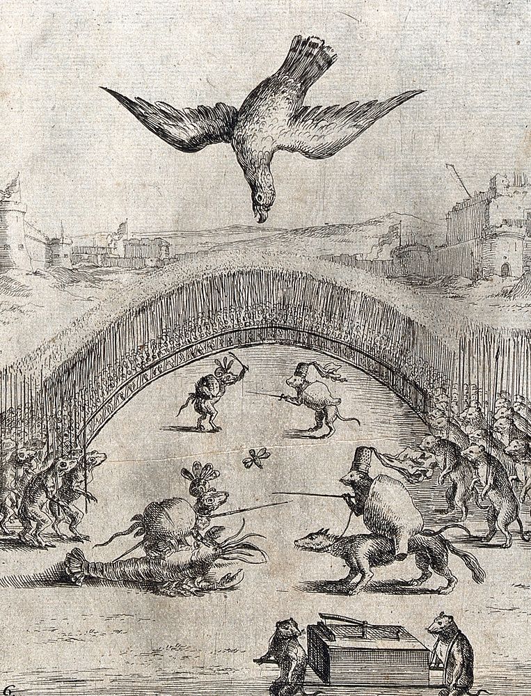 A battle between frogs and mice (Batrachomyomachia): a kite descends and kills the combatants. Etching.